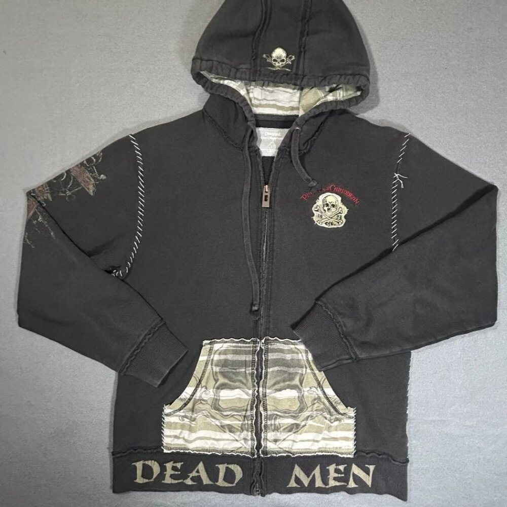 Vintage Disney Hoodie Pirates of The Caribbean Black Zip Up Jacket Y2K Size S